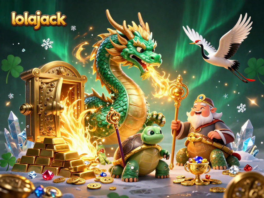 Experience the thrill of winning with lolajack, featuring an emerald jade dragon and treasures in a vibrant casino scene.