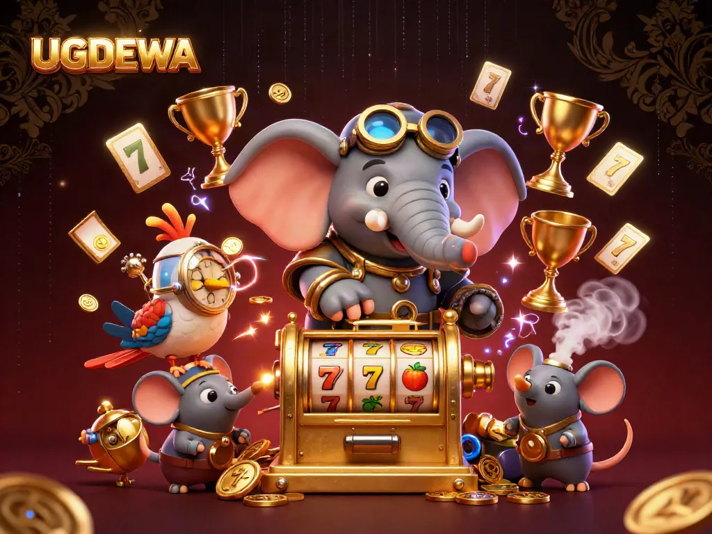 Spin to win at UGDEWA with an enchanting steampunk-themed golden slot machine surrounded by vibrant casino elements.