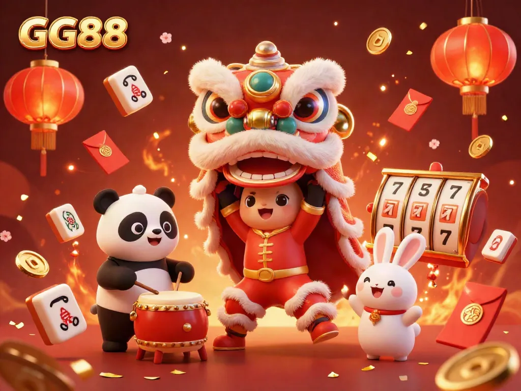 Experience GG88's vibrant casino gaming atmosphere with a lion dance, drumming panda, and firecracker rabbit.