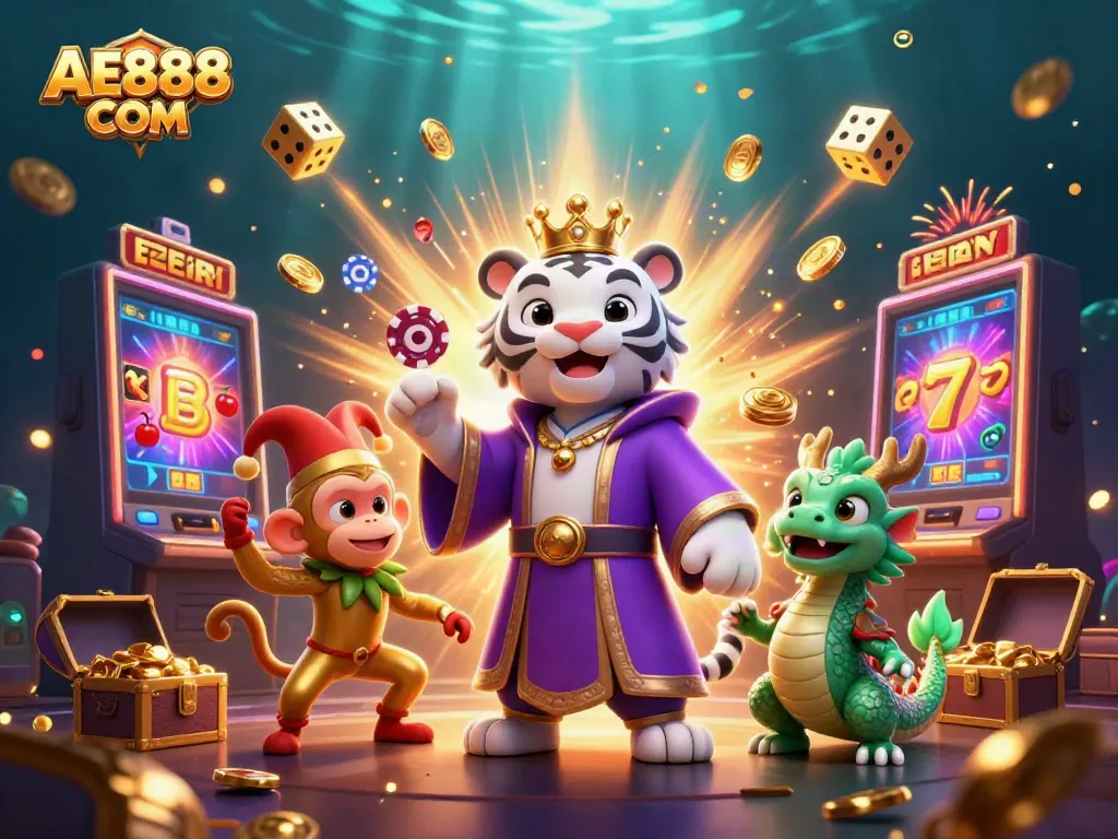 Experience the excitement of AE888 COM with a vibrant casino scene featuring characters and jackpot elements.