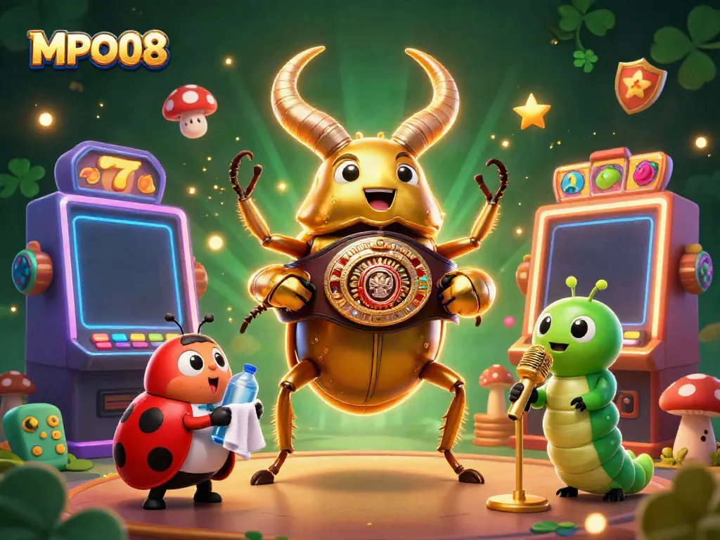 Experience the vibrant gaming atmosphere of MPO08 with a giant golden stag beetle champion facing off in a dynamic casino scene