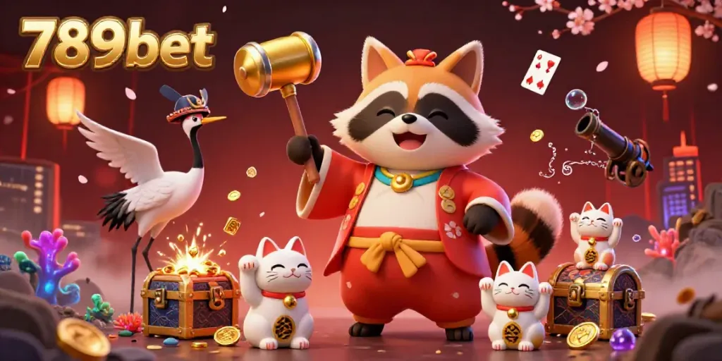 Join the fun at 789bet with a cheerful tanuki and colorful gaming elements!