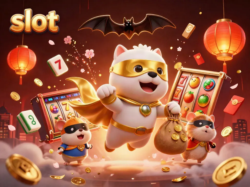 Engaging scene depicting a superhero dog with a sidekick flying above slot machines, symbolizing casino excitement.
