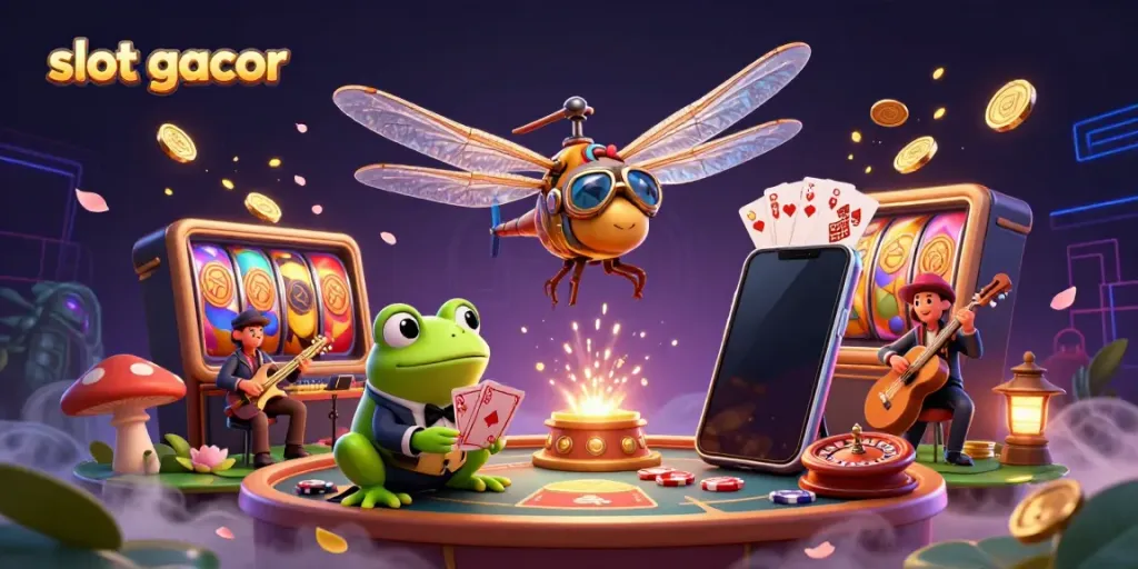 Play thrilling "slot gacor" with a vibrant, dynamic casino scene including a dragonfly pilot and frog croupier.
