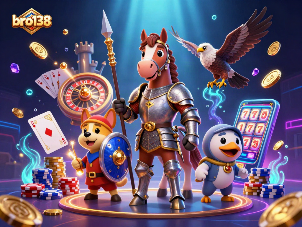 Spin legendary reels with bro138, featuring medieval knights, coins, and vibrant casino elements.