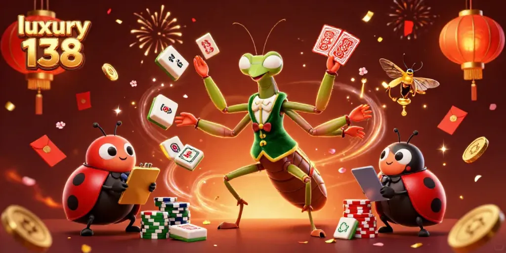 Experience the excitement of luxury 138 with a lively casino scene featuring vibrant characters and festive elements.