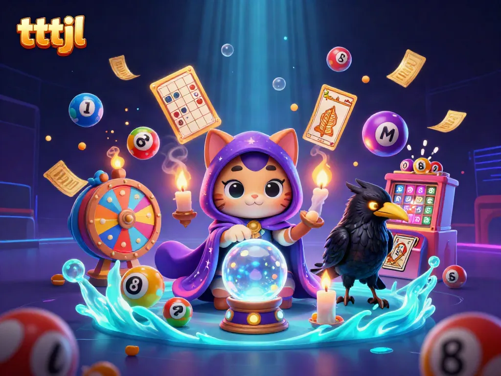 Engage with tttjl's vibrant casino atmosphere through colorful lottery elements and mystical characters.