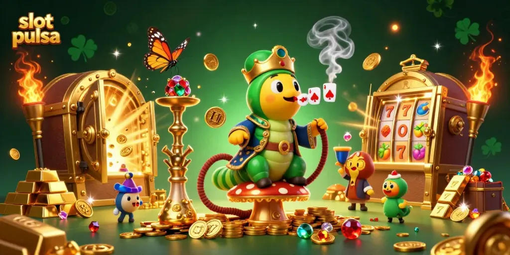 Play thrilling slot pulsa games with a vibrant 3D illustration showcasing casino riches.