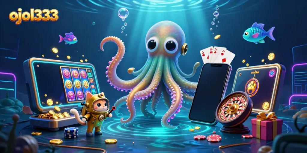 Engage with the vibrant ojol333 gaming experience, featuring a colossal kraken, a diving cat, and dynamic casino elements.