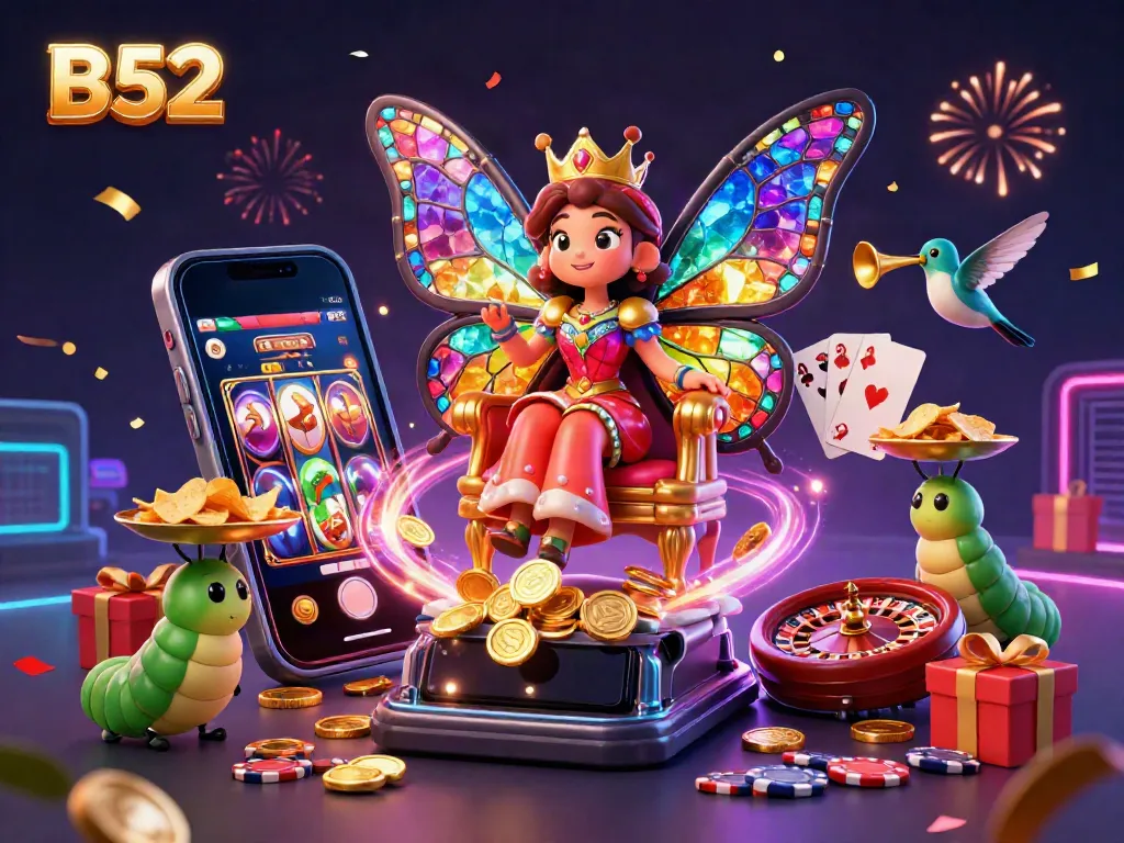 B52 offers a vibrant casino experience with a butterfly queen surrounded by games and treasures.