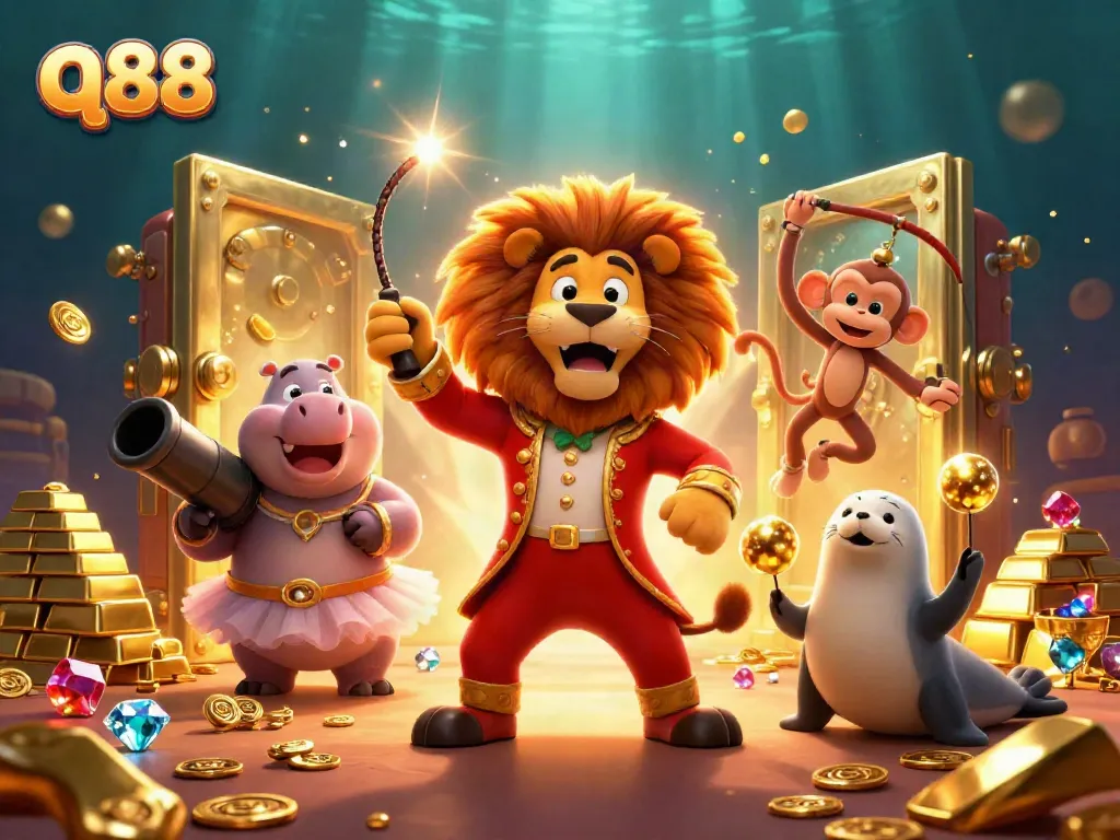 Engage with q88's thrilling casino universe featuring lively characters, treasure, and game excitement.