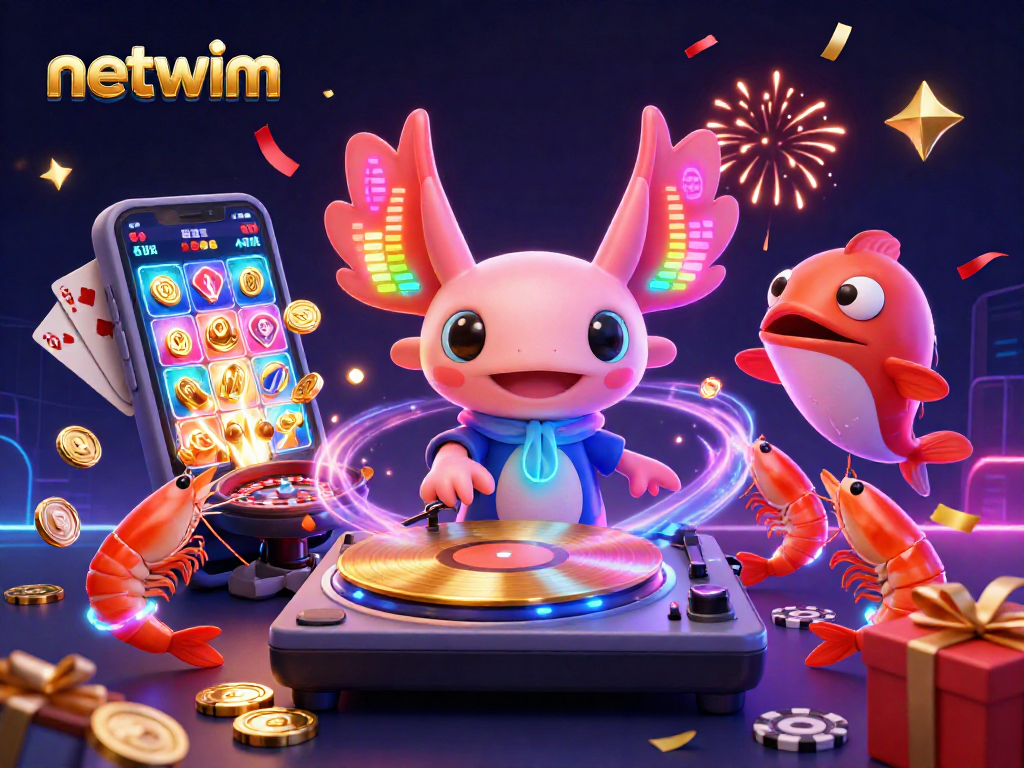 Spin colorful slot games with netwim at an energetic online casino party featuring a neon axolotl DJ.