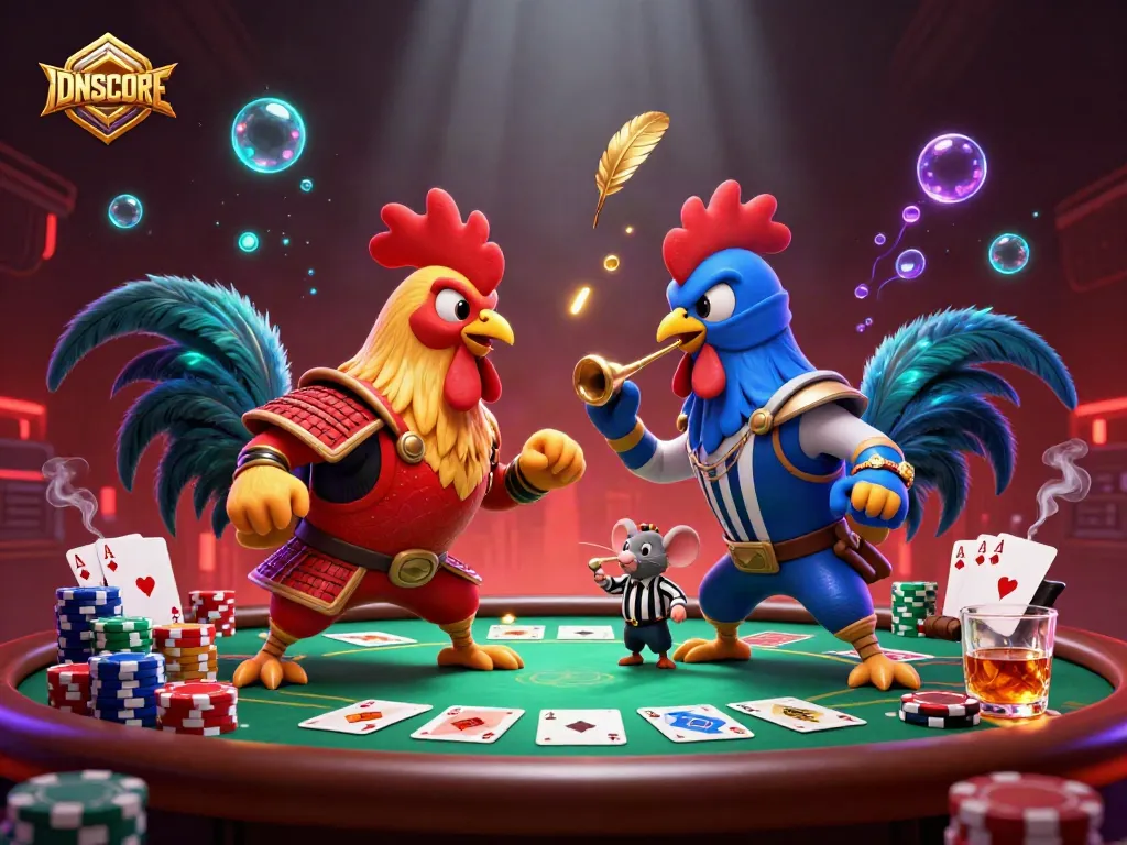 Experience thrilling bets with IDNSCORE featuring a standoff between cartoon roosters in a vibrant casino scene.