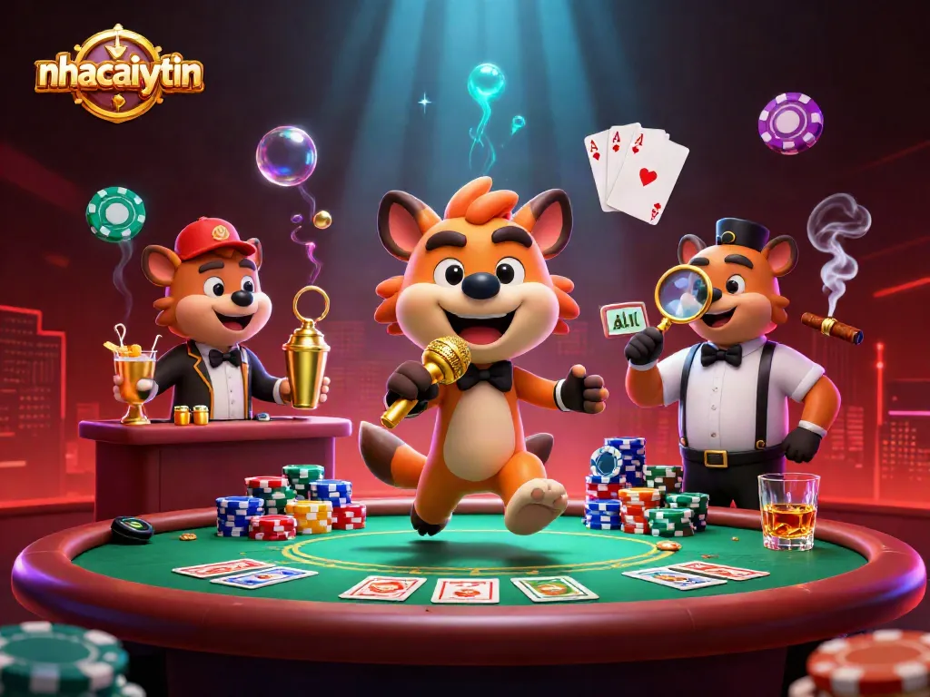 Experience the fun at nhacaiuytin's vibrant comedy casino with hyenas entertaining and mixing drinks.