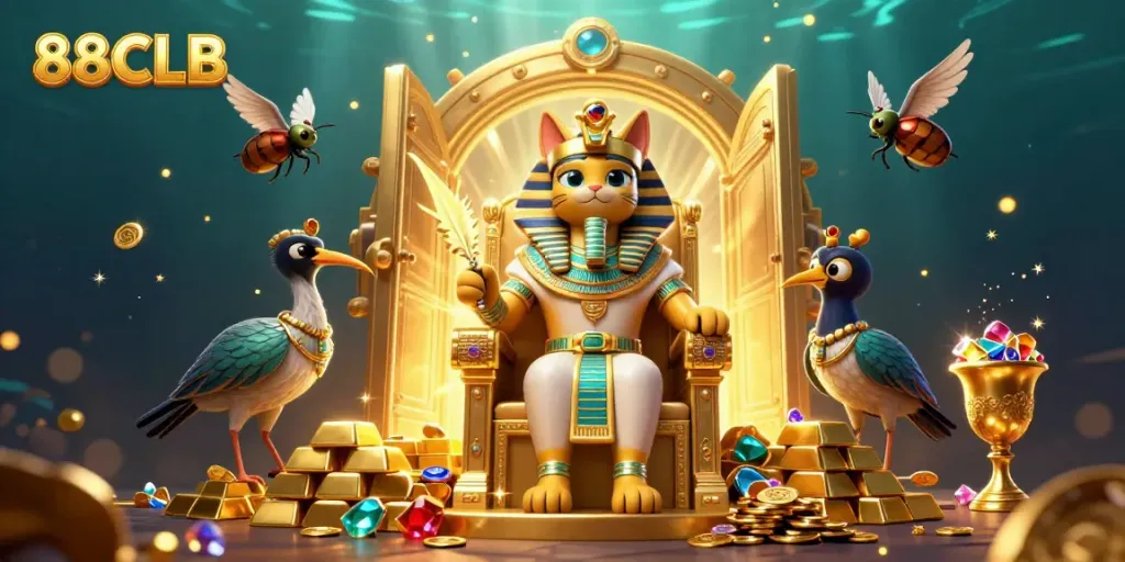 88CLB showcases a lively casino scene with a pharaoh cat, treasure, and vibrant gems.