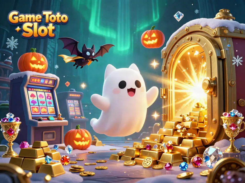 Permainan Game Toto Slot dengan karakter kucing hantu di kasino berhantu dan tumpukan harta karun yang bersinar.