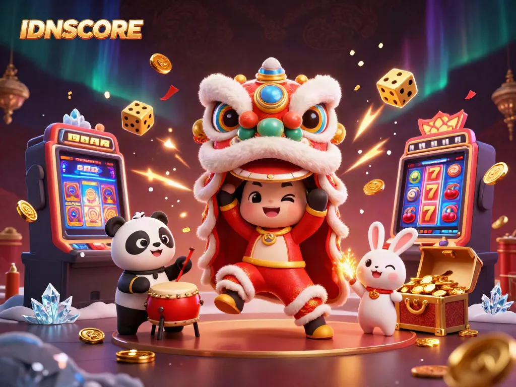 IDNSCORE showcases a vibrant lion dance with casino-themed elements in a colorful 3D scene.