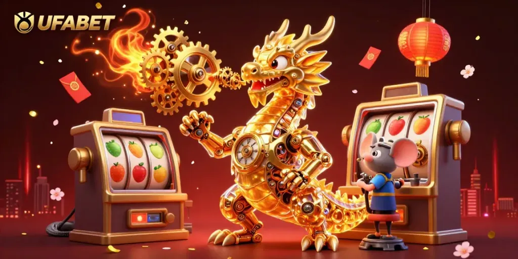 Experience dynamic UFABET gaming with a golden dragon and vibrant slot machine reels in detailed 3D.