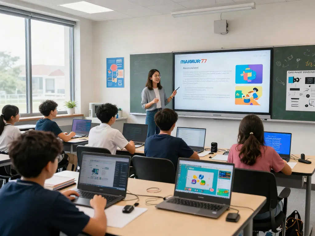 MAKMUR77 sebagai platform edukasi yang modern, siswa belajar dengan perangkat digital di ruang kelas
