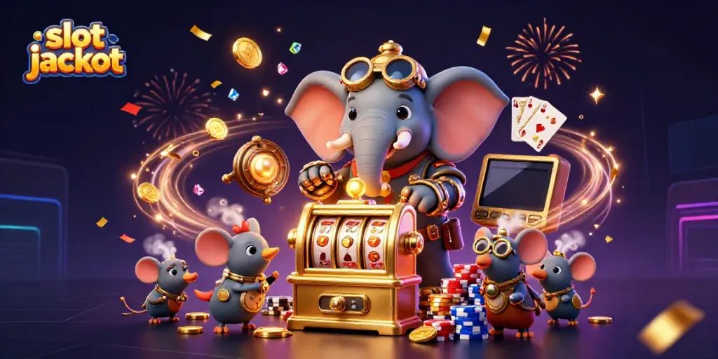 Spin and win big with the slot jackpot in this animated 3D casino scene.