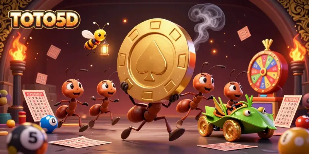 TOTO5D enhances lottery excitement with a vibrant heist scene featuring ants, golden chips, and dynamic games.