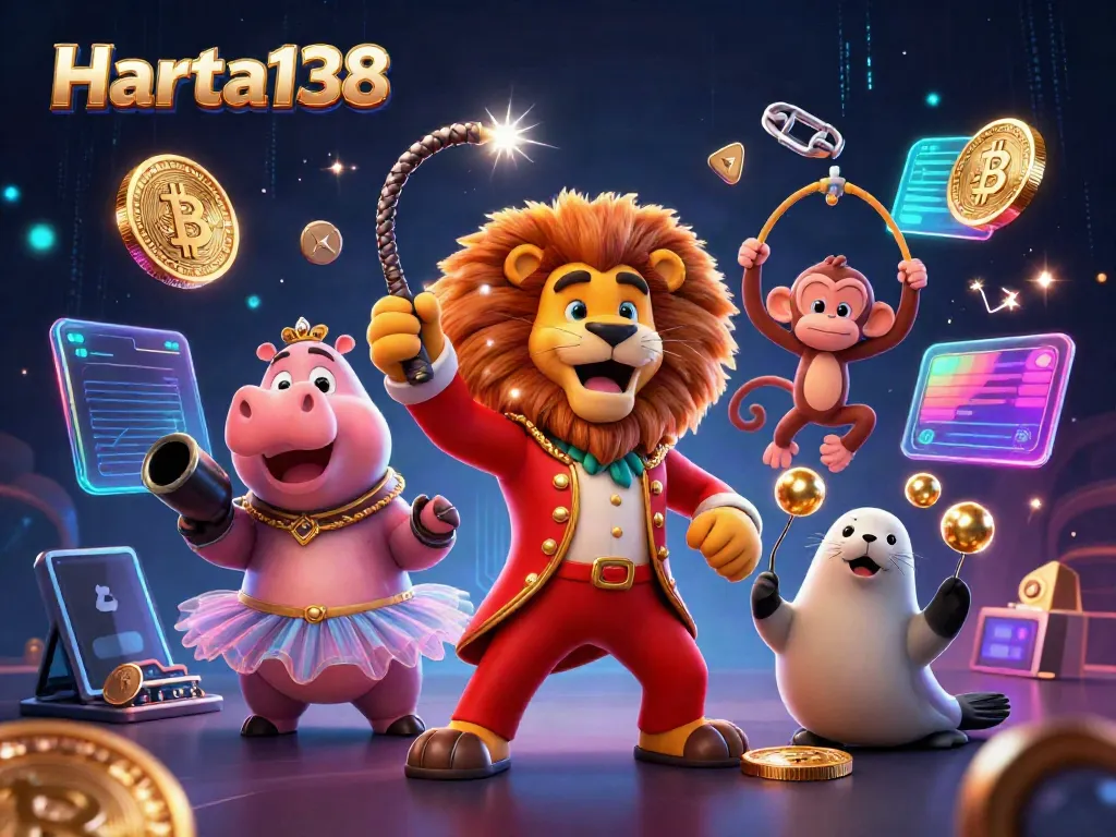 Harta138 menghadirkan ilustrasi kasino yang menampilkan karakter kartun dan elemen crypto dalam suasana ceria.