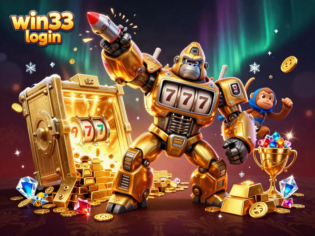 Experience the thrill of win33 login with a dynamic 3D mech scene bursting with casino action.