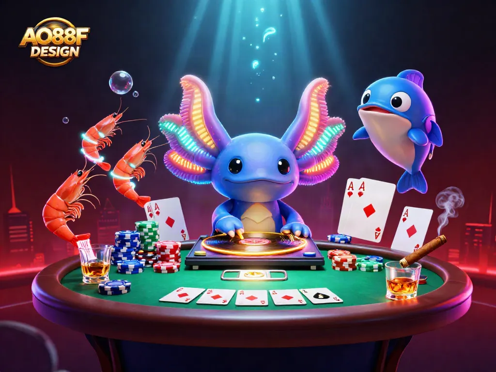 Experience vibrant gambling fun with AO88F DESIGN illustrated in a 3D scene featuring dynamic casino elements.
