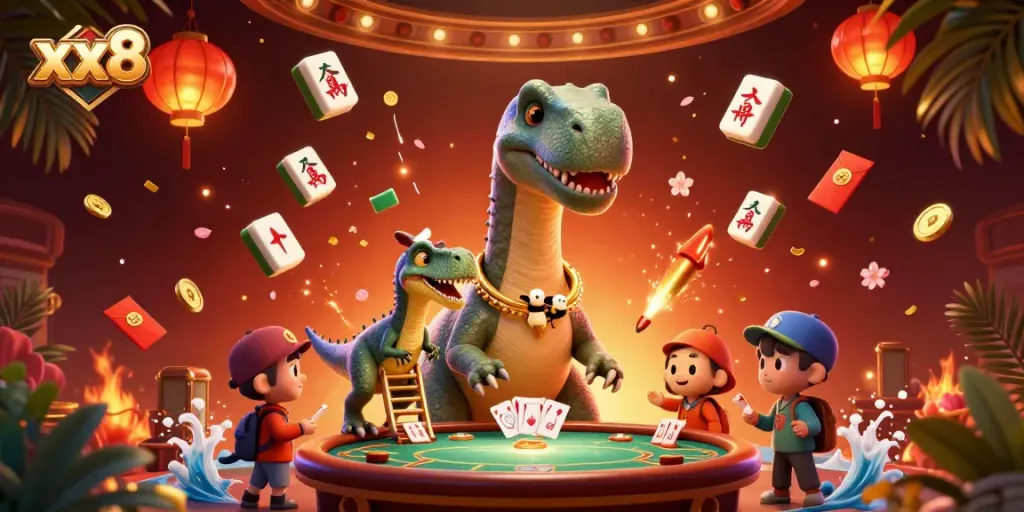 Win exciting prizes with xx8, featuring a tall brontosaurus at a lively poker table scene.