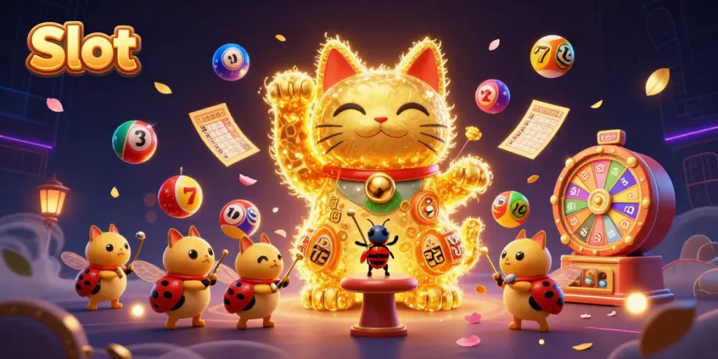 Experience the thrill of Slot with the vibrant dynamic scene of a lucky cat and lively casino symbols.