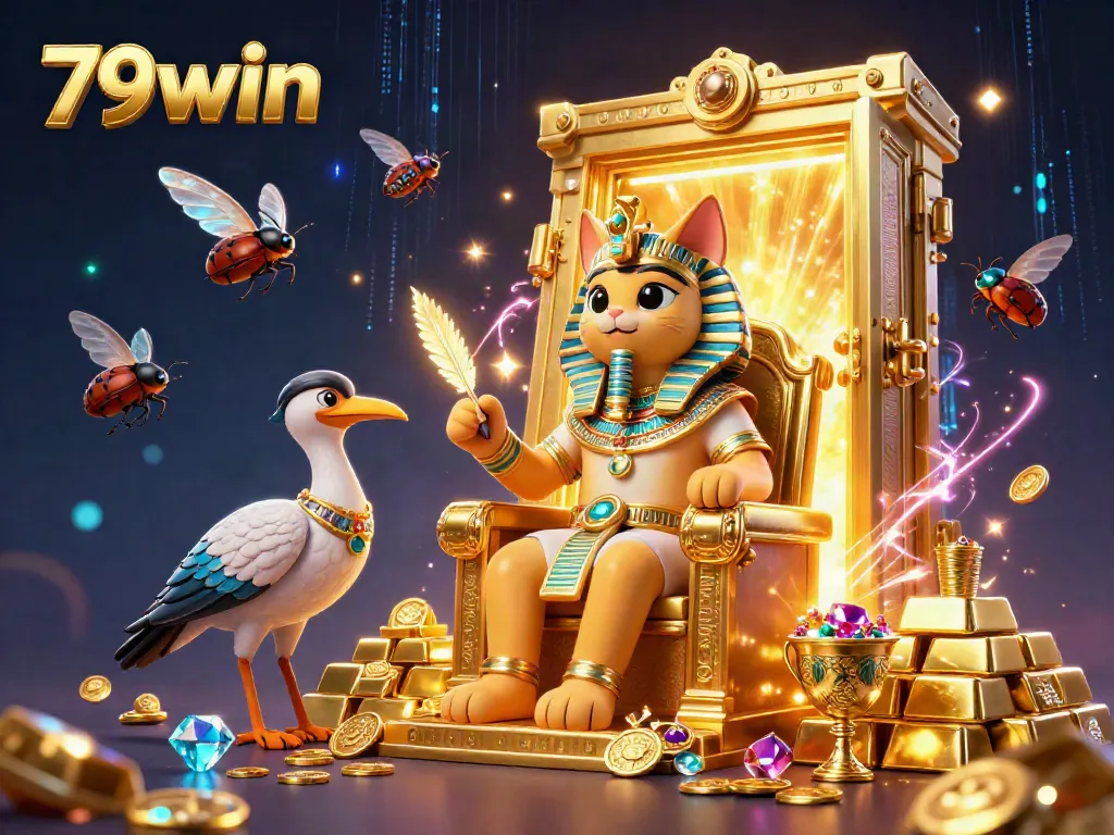 Experience thrilling action with 79win in this dynamic 3D casino scene featuring Egyptian elements and treasures.
