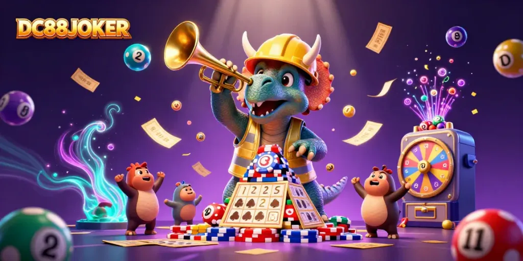DC88JOKER showcases a vibrant casino scene with animated dinosaurs celebrating winning moments.