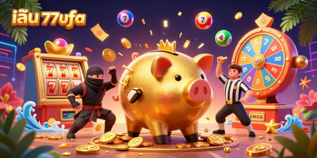 Engage with exciting elements while playing at เล่น 77ufa, featuring a sumo wrestler and dynamic slots.