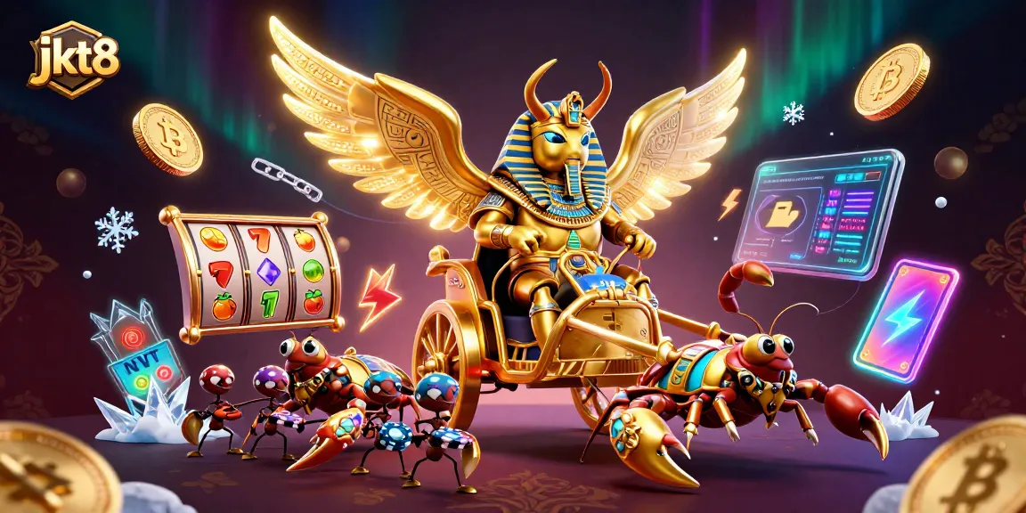 Gambarlah jkt8 pada kasino dengan scarab emas, chariot, dan simbol jackpot terpampang.