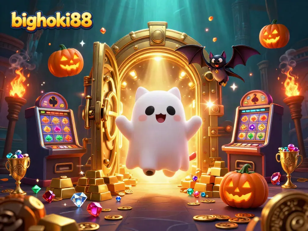 Menangkan slot dengan bighoki88 di kasino berhantu, dikelilingi harta karun dan efek magis.