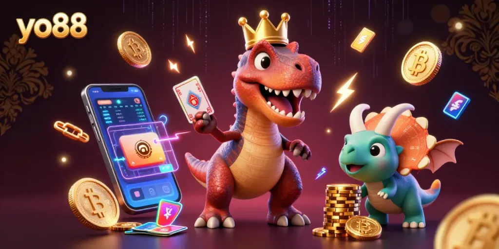 Engage with yo88's exciting cards and golden chips in a vibrant casino illustration.
