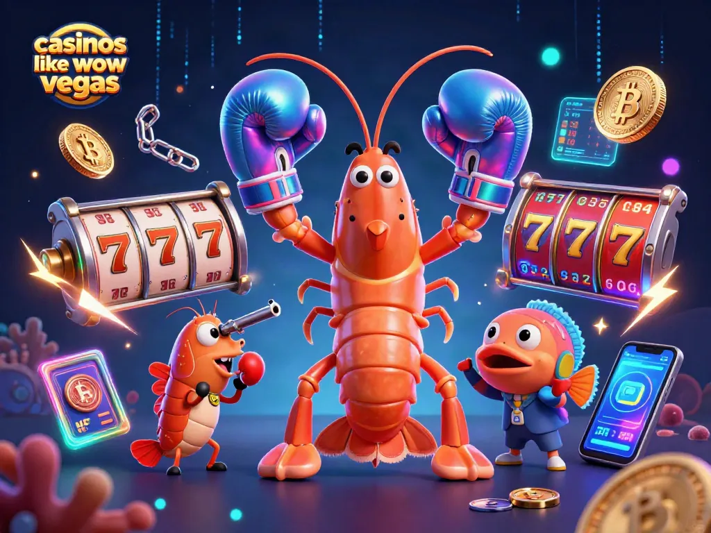 Spin and win at casinos like WOW Vegas with vibrant 3D slot-themed illustration featuring marine characters.