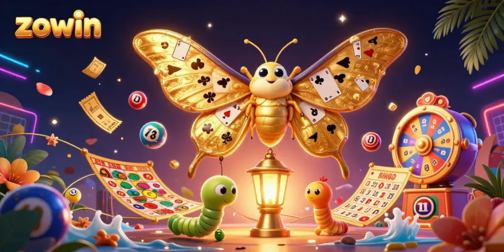 Unleash your luck with Zowin's vibrant lottery themed digital casino illustration featuring golden elements.