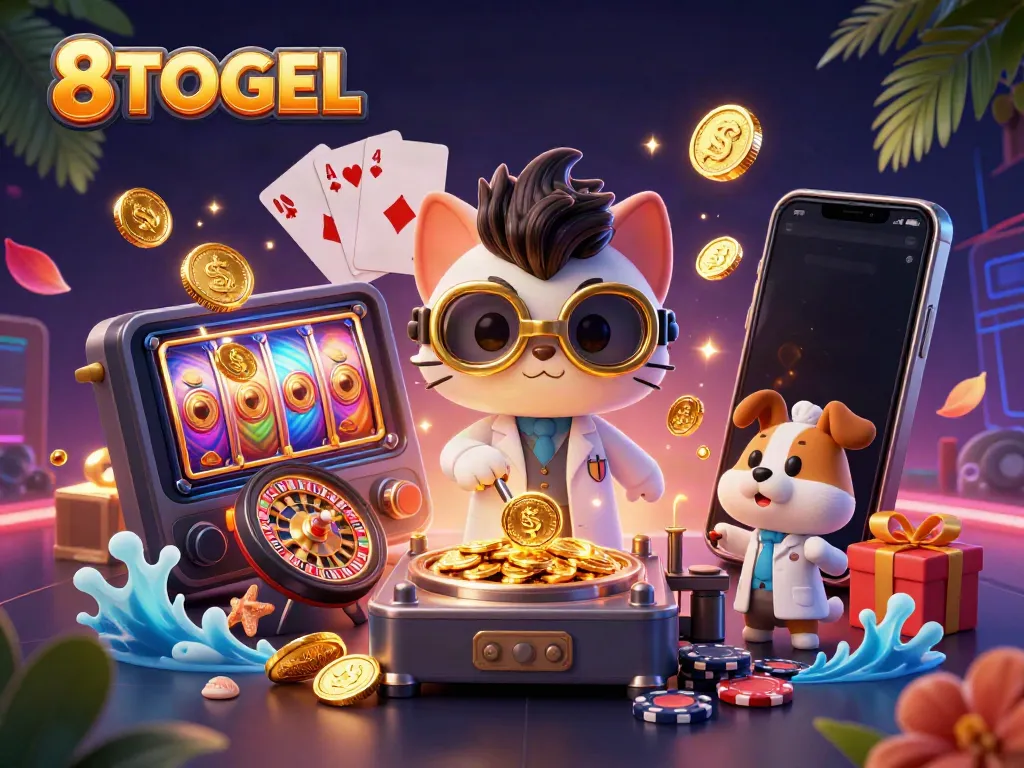 Pemain 8TOGEL menikmati pengalaman bermain dengan permainan slot yang berwarna-warni dan koin emas yang meledak.