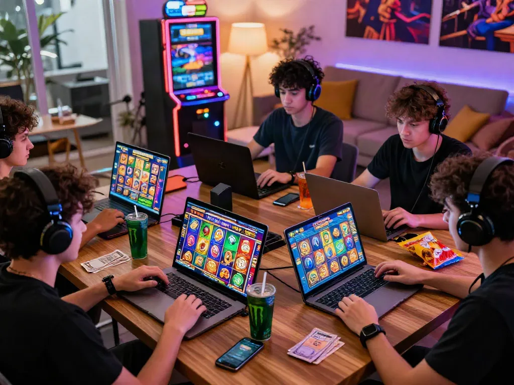 Engaging slot online gaming setup with diverse players enjoying gameplay on laptops and smartphones in a lively atmosphere.
