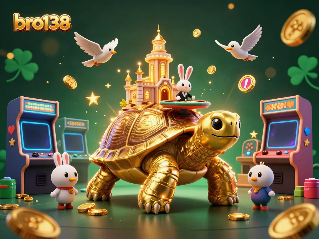 Engage with the exciting golden tortoise themed game scene featuring bro138's vibrant casino elements.