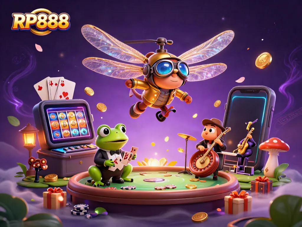 Engage with the immersive RP888 casino experience featuring a vibrant 3D scene with lively characters and dynamic gaming elements.