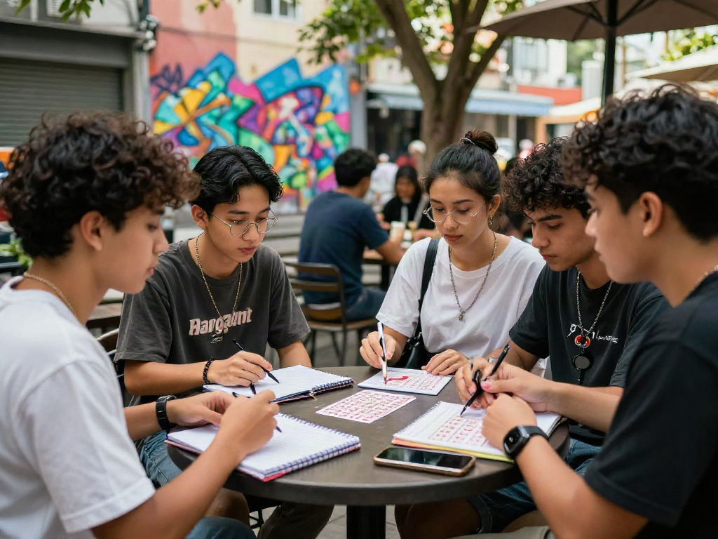 Friends discussing harga toto pricing strategies outdoors in an urban café, vibrant street scene.