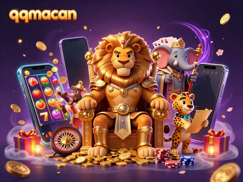 Engage with the exciting world of qqmacan, featuring a fierce lion king and fun game elements.