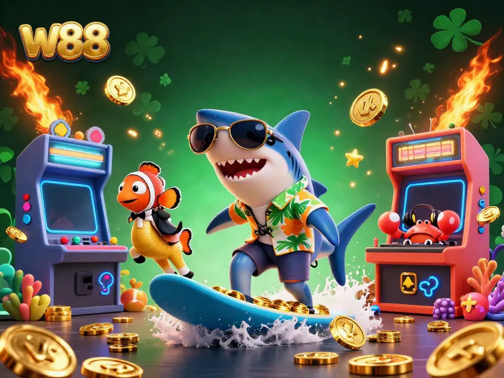 Experience the excitement at W88 with a playful shark surfing on gold coins, surrounded by colorful gaming elements.