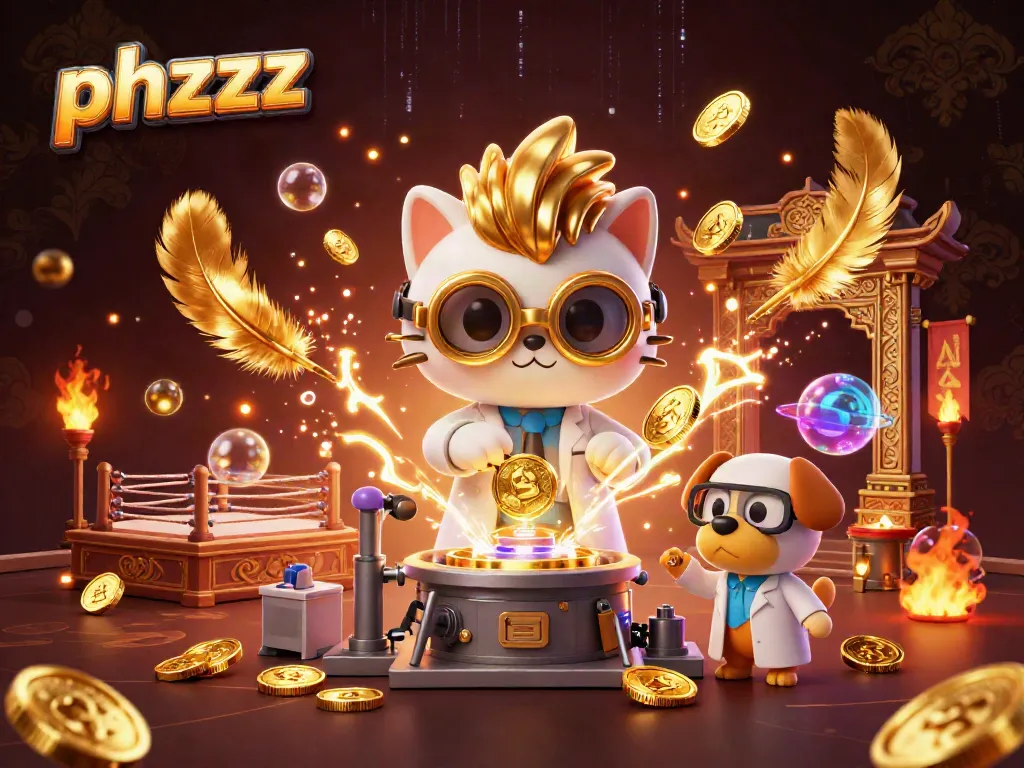 Engage in an electrifying phzzz gaming arena, featuring golden coins and vibrant characters in a lab.