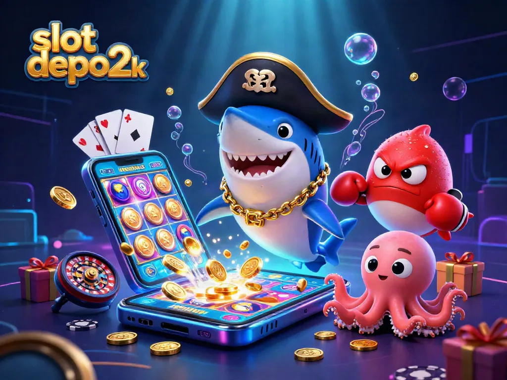 Engaging slot depo 2k scene featuring cartoon shark, pufferfish, and octopus with coins.