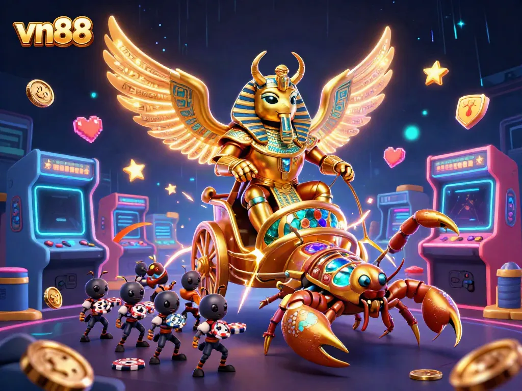 Engage in thrilling gameplay at vn88 with an epic casino scene featuring a golden scarab chariot and gaming elements.