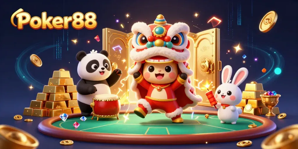 Join the action at Poker88, featuring a festive poker scene with engaging characters and vibrant decorations!