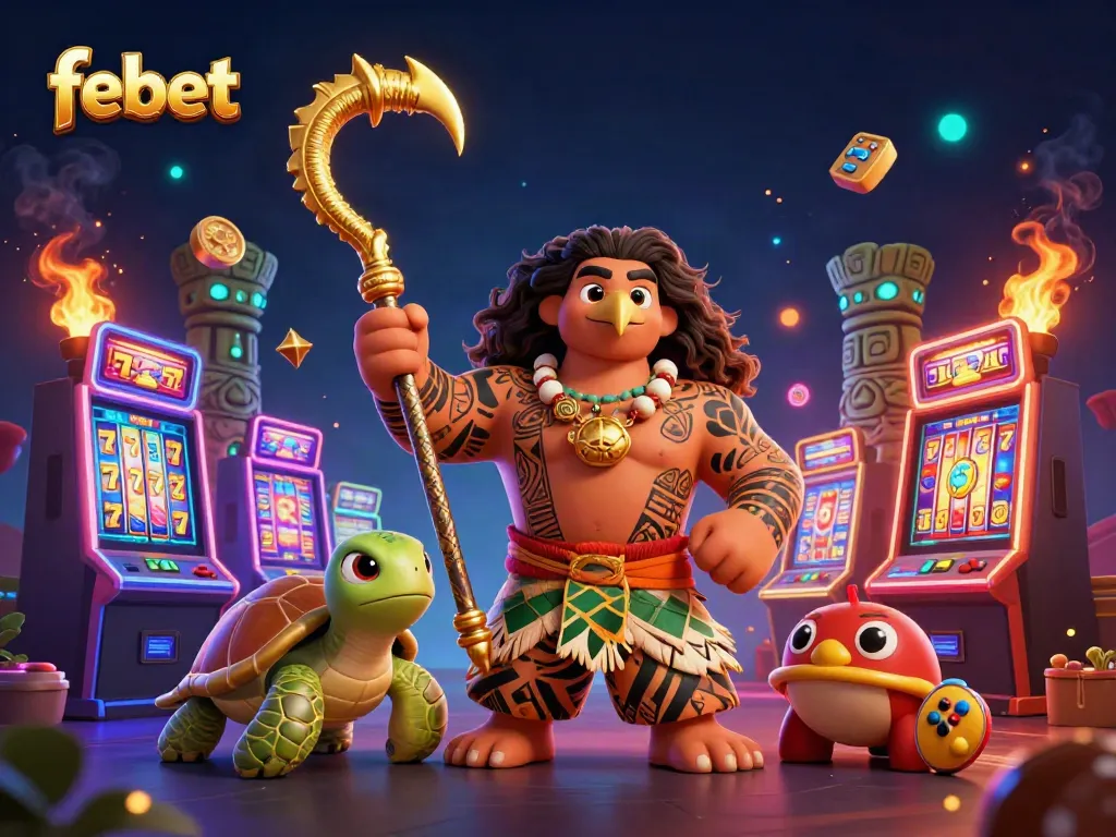 Experience thrilling casino gameplay with febet's 3D Polynesian demigod hawk amid vibrant slot machines.